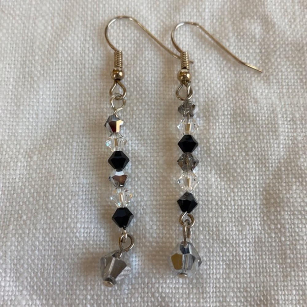 HAND CRAFTED Dazzle EARRINGS Silver & Black Czech Crystal Bi-cones Dangle NWT